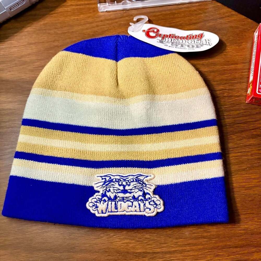 Captivating Headgear Stop Wildcats Striped Beanie Blue Yellow